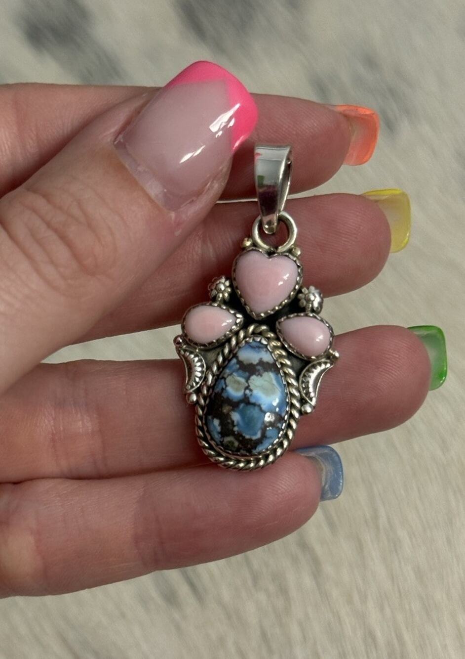 Sterling Silver Golden Hills Turquoise Pink Conch Cluster Pendant Heart Teardrop